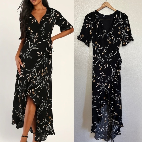 NWOT Wild Winds Black Floral Print High-Low Wrap Dress - Picture 3 of 7